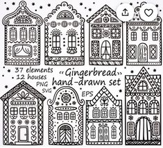 the gingerbread hand drawn set is shown in black and white, with different houses