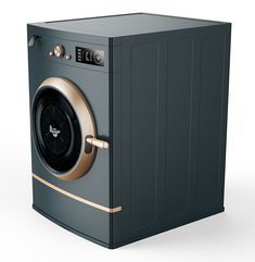 a black and gold colored washing machine on a white background with clippings to the side