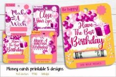 three pink and yellow birthday cards with balloons