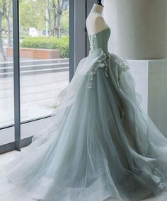 Lake Blue Wedding Dress with Gauze Strapless with Ruffled Skirt robe de soirée de mariage 3D Lace Appliques Beaded Wedding Gown Blue Gown Wedding Dress, Dusty Gray Fairytale Dresses, Dresses Layered, डिजाइनर कपड़े, Lace Evening Dress, Long Prom Gowns, Blue Wedding Dresses, Pretty Prom Dresses, Fairytale Dress