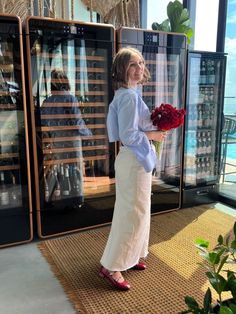 Red Heel Work Outfit, Skirt And Mary Janes Outfit, Cropped Blue Shirt Outfit, Red Mary Janes Outfit Summer, Blue Crop Shirt Outfit, Cherry Red Mary Janes Outfit, Cherry Shoes Outfit, Red Mary Jane Heels Outfit, Red Ballerina Flats Outfit