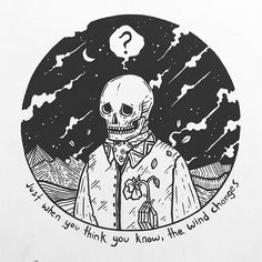 a black and white drawing of a skeleton with a question mark on it's chest