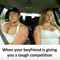 two people sitting in a car with the caption when your boyfriend is giving you a tough competition