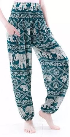 Green Harem Pants with Elephant Print and Pockets | Green | Split-Skirts-Pants, Pocket, Beach, Printed, Elephant, Bohemian Harem Yoga Pants, Thai Harem Pants, Yoga Harem Pants, Thai Elephant, Bohemian Pants, Elephant Pants, Boho Yoga, Hippie Look, Trendy Skirts