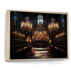 an ornate church with candles and flowers on the alter, framed canvas wall art print