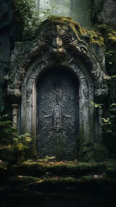 an old cemetery in the woods with moss growing on it's walls and door