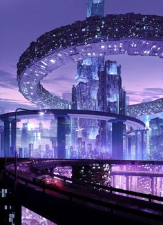 a futuristic city at night with lights on