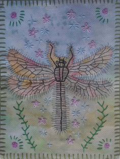 a drawing of a dragonfly with flowers and leaves on it's back side