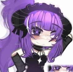 an anime character with purple hair and black clothes