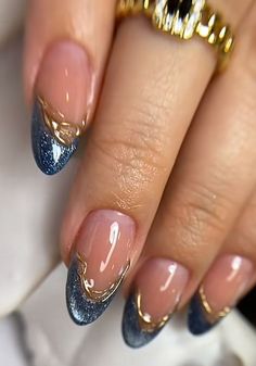 Hailey Bieber Nails With Design, French Blue Nails Design, New Years Gel X Nails, Navy Blue And Brown Nails, Magnetic Nails French Tip, Oppenheimer Nails, Short Structured Manicure, Blue Nails New Years, Simple Festival Nails