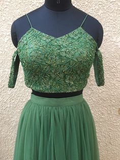 Shrena Hirawat- Green Cold Shoulder Blouse and Net Skirt - Trendroots Off The Shoulder Blouse Indian, Off Shoulder Lehenga Blouse, Off Shoulder Lengha Blouse, Off Shoulder Crop Top Lehenga, Green Off-shoulder Blouse, Net Skirt, Beadwork Embroidery, Cold Shoulder Blouse, Backless Dress Formal