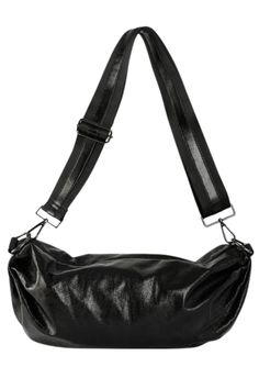 Ollie Glam Sling Bag Color: Black Metallic Vegan leather Slouchy crossbody bag with zipper closure Includes one tonal striped strap and one patterned strap adjustable to 55 inches 17 inch wide x 10 in high Haute Shore Black Crossbody Baguette Bag, Black Baguette Bag With Adjustable Strap For Everyday Use, Black Crossbody Bag Strap With Removable Pouch, Black Adjustable Strap For Crossbody Bag, Black Leather Baguette Bag With Adjustable Handle, Black Baguette Bag With Adjustable Handle For Travel, Black Adjustable Bag Strap, Chic Black Long Strap Bag Strap, Black Adjustable Handle Crossbody Bag Strap