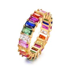 18k Gold Plated Emerald Cut Crystal Ring Rainbow Ring, Emerald Band, Swarovski Crystal Rings, Rainbow Rings, Emerald Cut Rings, Rainbow Crystal, Eternity Band Ring, Eternity Wedding Band, Crystal Ring