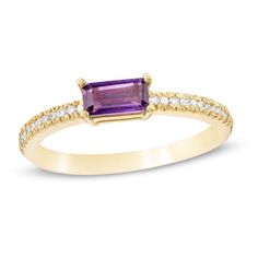 Dress her finger with this stackable gemstone and diamond ring. Fashioned in warm 10K gold, this refreshing design showcases a 6.0 x 3.0mm baguette-cut bright purple amethyst. A graceful touch, shimmering diamonds line the shank. Captivating with 1/10 ct. t.w. of diamonds and a brilliant buffed luster, this ring is certain to create a vibrant sensation. Galaxy Ring, 10k Gold Ring, Amethyst And Diamond Ring, Amethyst Gold, Jewelry Post, Amethyst Jewelry, Bright Purple, Purple Stones, Small Rings