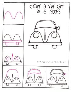 the drawing shows how to draw a vw car in 6 steps, with instructions