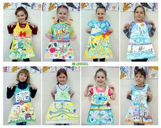 the children are wearing aprons made from their own fabric materials and they all have different designs on them