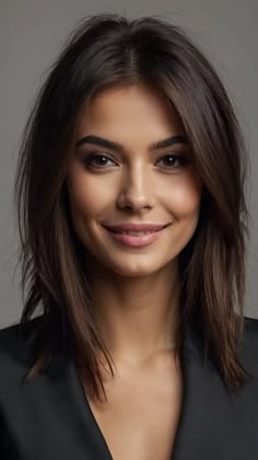 Fine Hair Haircuts Brunette, Straightened Lob Haircut, Lucy Hale Medium Length Hair, Medium Brunette Hair Styles, Lib With Bangs, Mid Length Hair Long Bangs, Hairstyles For Medium Length Hair Brunette, Edgy Straight Haircuts, Long Layered Bob Hairstyles Mid Length