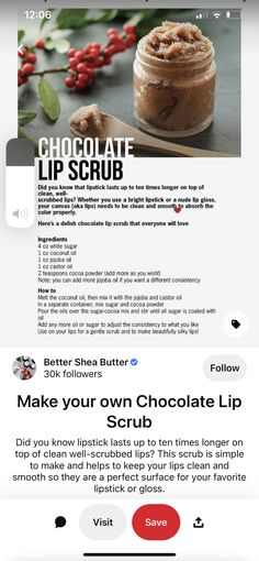 Chocolate Lip Scrub Diy, Edible Lip Scrub Recipe, Diy Coffee Body Scrub Recipe, Diy Shea And Cocoa Body Butter, How To Make Coffee Body Scrub, Turmeric Face Mask, Nude Lip Gloss, Bright Lipstick, Face Mask Recipe