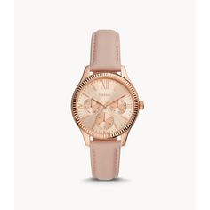 This 36mm Rye features a rose gold sunray dial, multifunction movement and nude leather strap. Rose Gold Leather Watch With Subdials, Timeless Rose Gold Leather Watch, Rose Gold Watches With Leather Strap, Fossil Watches Women, Watches Women Leather, Rose Gold Case, Engraved Gifts, Nude Color, Rye