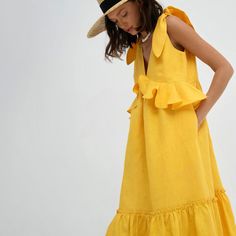 Holiday Ruffled Dress Women Summer Sleeveless Design V neck Dress - Yellow,M Long Dress Summer, Neck Tie Knots, Tank Dresses, Dresses Beach, Women Tie, Summer Elegant, Elegant Maxi Dress, Closet Inspiration, Ruffled Dress