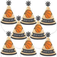 six basketball themed party hats with black ribbon