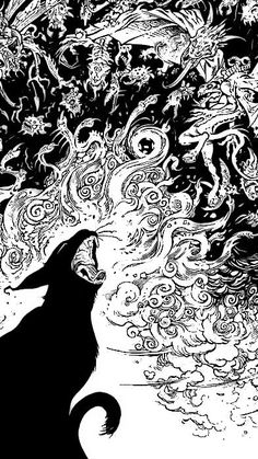 a black and white drawing of a wolf looking up at the sky with swirling clouds