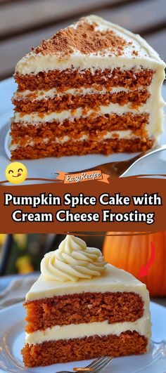 pumpkin spice cake with cream cheese frosting is on a white plate and has the words, pumpkin spice cake with cream cheese frosting