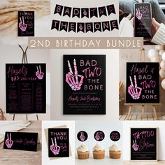 pink and black birthday party package with cupcakes