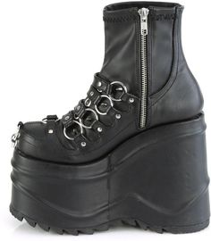 6" Wedge Platform Stretch Ankle Boot, Inside Zipper - Fit Guide: True To Size - Heel Specifications: 6" Wedge Platform - Country of Origin: Imported - Brand: Demonia Hologram Shoes, Emo Boots, Demonia Boots, Alternative Shoes, Demonia Shoes, Pink Platforms, Black Platform Boots, Black Platform, Vegan Shoes