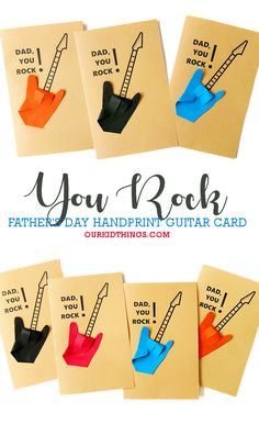 father's day handprint guitar card with the words you rock on it and four different colored fingers