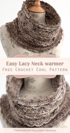 a knitted cowl scarf is shown with the text easy lacy neck warmer free crochet cowl pattern