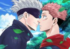 two anime characters kissing each other in front of trees