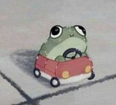 a frog driving a toy car on the street