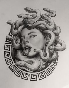 a drawing of a woman's face with snakes around her neck and eyes closed