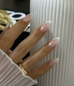 French tip nails Glazed White French Tip Nails, Natural Almond Nails French, Long French Tips Almond, Thick French Almond Nails, High Arch French Tip Nails, French Tip Funny Bunny, Chrome French Tips Almond, Creamy French Nails, French Tip Nails Long Almond