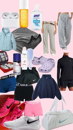 a collage of various items that include shoes, clothing and sports gear