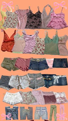 many different types of clothes are displayed on a pink background, including shorts and bras