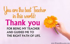 a person holding a yellow flower in front of a pink background with the words thank you for being my teacher and guided me to the right path of life