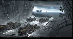 an image of a sci - fi space station scene with spaceships and tanks in the distance