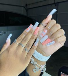 Peach And White Nails Acrylic, Colored Nails Acrylic, Peach Acrylic Nails, Orange Acrylic Nails, Acrylic Toe Nails, Long Acrylic Nail Designs, Diy Acrylic Nails, Blue Acrylic Nails