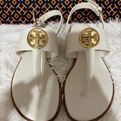 Im Selling Authentic Tory Burch Sandals. From Smoke And Pet Free Home. White Leather T-strap Sandals For Vacation, Chic White T-strap Sandals With Removable Insole, Chic White T-strap Sandals With Round Toe, Chic White Flat T-strap Sandals, White Leather Adjustable T-strap Sandals, Adjustable White Leather T-strap Sandals, Elegant White T-strap Sandals With Single Toe Strap, Chic Tan Sandals With Single Toe Strap, Elegant Tan Sandals For Vacation