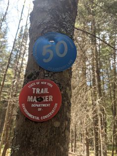 two signs on a tree in the woods