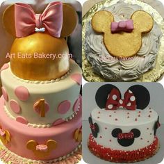 there are four different cakes decorated to look like mickey mouses and minnie mouse ears