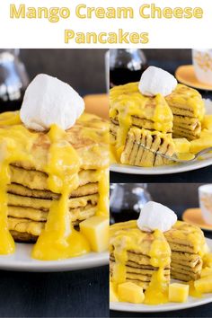 several pictures of pancakes with cheese on top