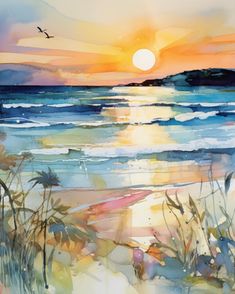 watercolor painting of sunset over the ocean