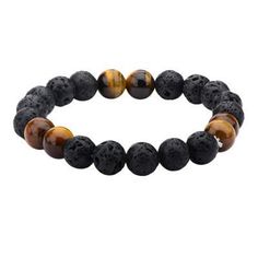 Molten Tiger Black Lava and Tigers Eye Mens Bead Bracelet Alt View Mens Stretch Bracelets, Brown Tiger, Brown Tiger Eye, Motifs Perler, Lava Beads, Steel Art, Tiger Eye Beads, Eye Beads, Black Bracelets