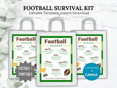 three football survival kit for kids with the text, football survival kit and other items