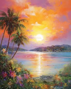 a painting of the sun setting over water with palm trees