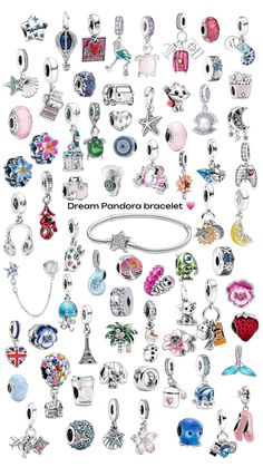 Pandora Charms Collection, Colourful Pandora Bracelet, Pandora Bracelet Styling, Pandora Cute Charms, Best Pandora Charms, Pandora Tennis Bracelet Aesthetic, Aesthetic Pandora Charms, Pandora Jewelry Aesthetic, Aesthetic Charm Bracelet