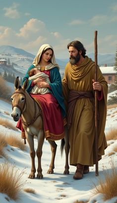 a painting of jesus and mary riding on a horse in the snow with a baby jesus